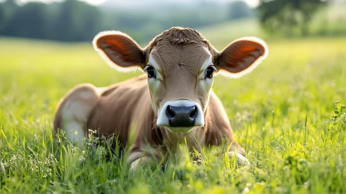 Peaceful Calf in Grassy Field