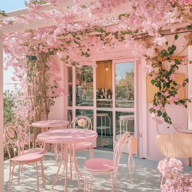 Outdoor Cafe with Pink Flowers