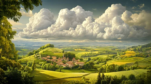 Green Hills and White Clouds Over Village