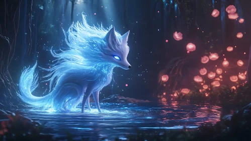 Glowing Fox in Forest Pool