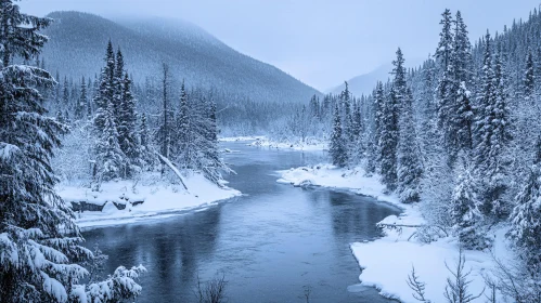 Peaceful Snowy Forest with River and Mountains