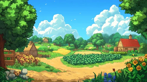 Peaceful Farm Scenery in Cartoon Style