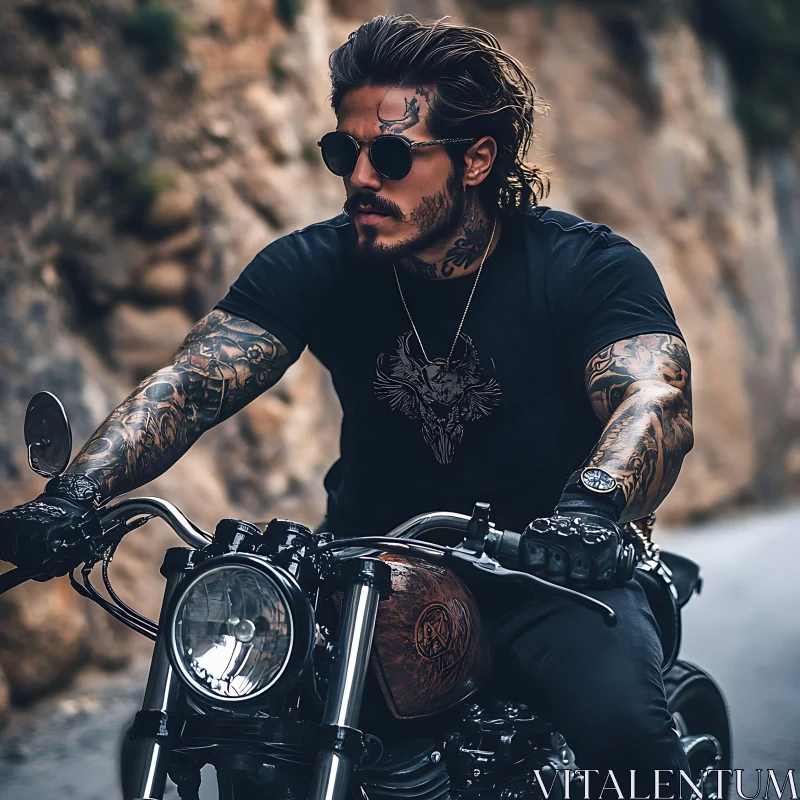 AI ART Biker with Tattoos on a Motorcycle