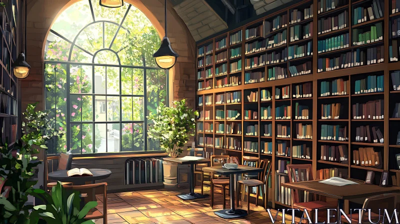 Sunlit Reading Room with Bookshelves AI Image