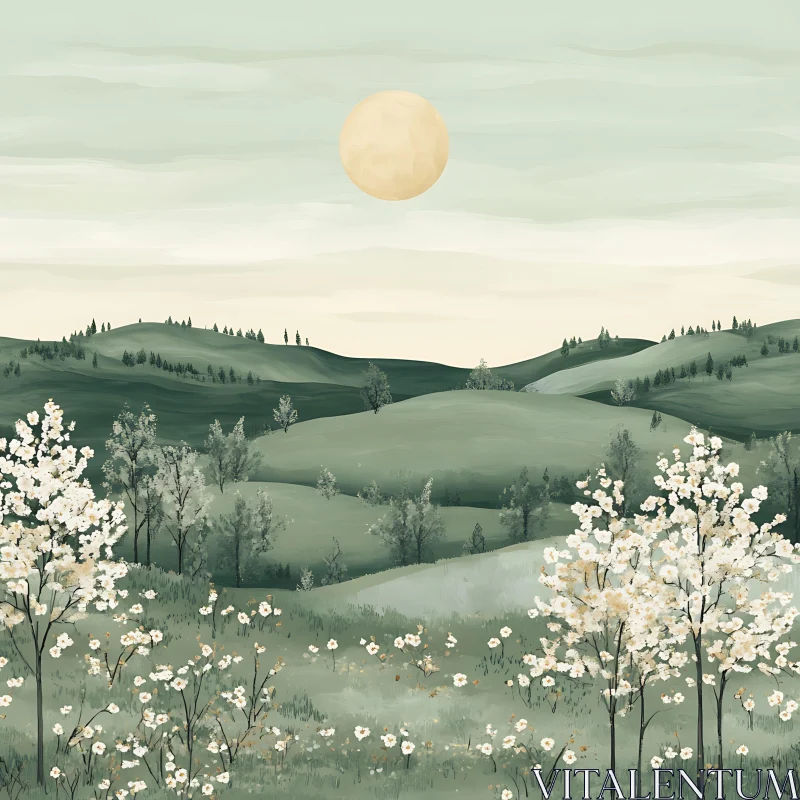 AI ART Serene Landscape with Blossoms