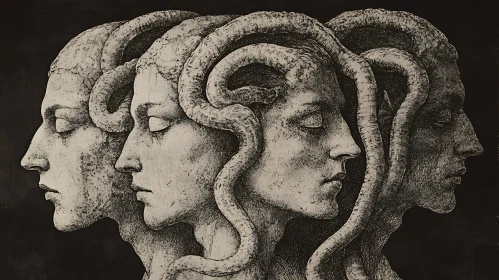 Monochrome Serpentine Faces Art