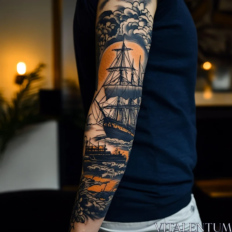 AI ART Historical Sailing Ship Tattoo Sleeve Design