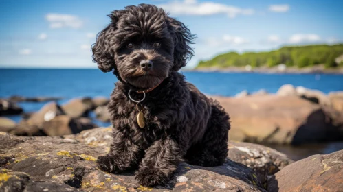 Black Puppy by the Coast - A Blend of Canine Innocence and Marine Splendour