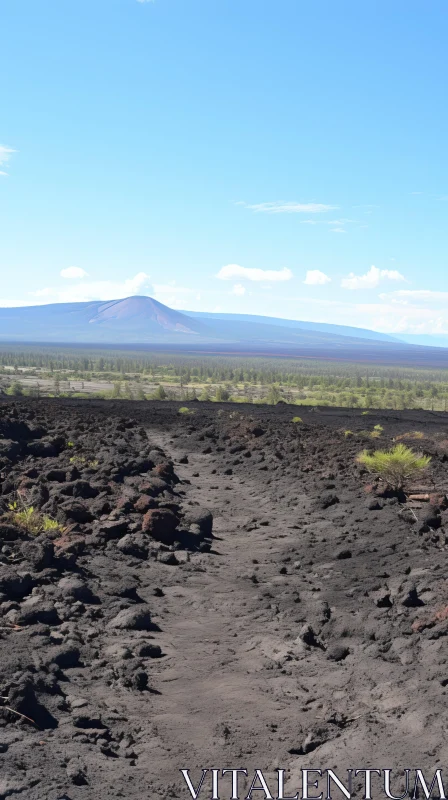 Black Volcanic Lava Trail in Expansive Landscapes AI Image