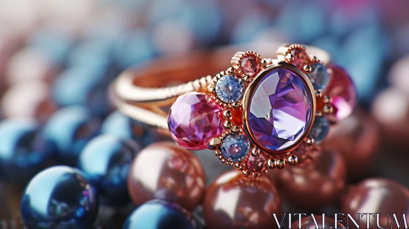 Close-up of a Beautiful Ring with Purple Gemstone surrounded by Pink and Blue Gemstones AI Image