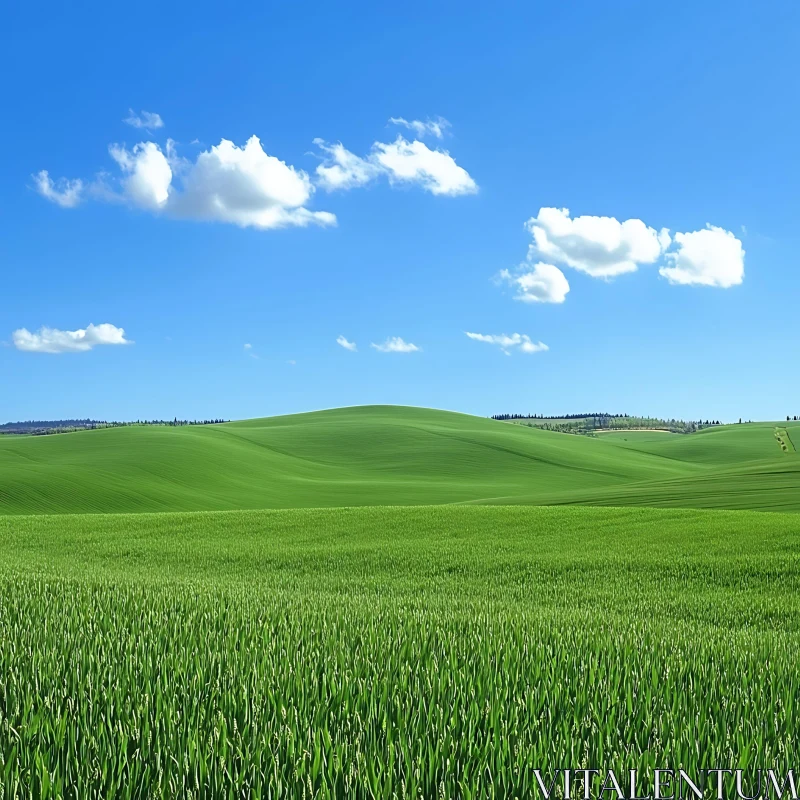 AI ART Green Field Landscape with Blue Sky