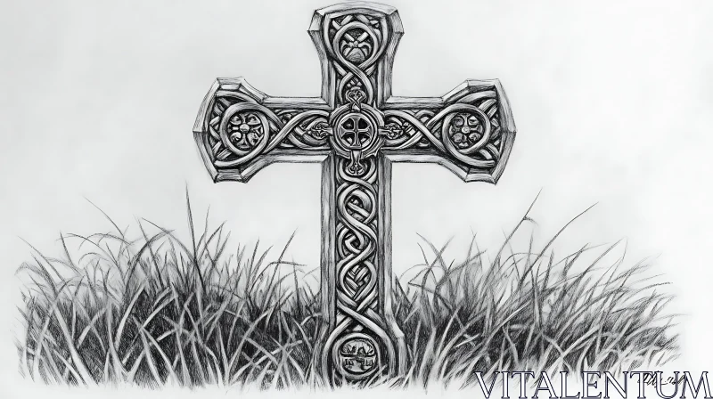 Ornate Cross Drawing with Grass AI Image