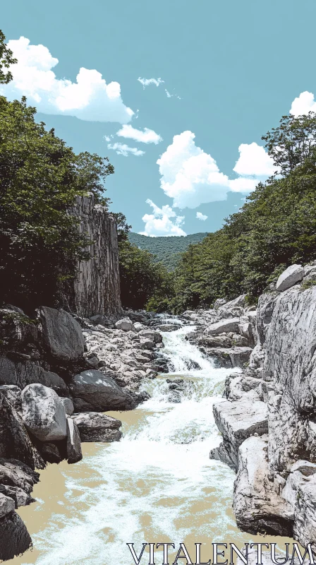 Beautiful River Waterfall in Forest with Mountain View AI Image