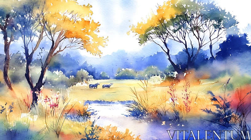 AI ART Peaceful Meadow Scene in Watercolor