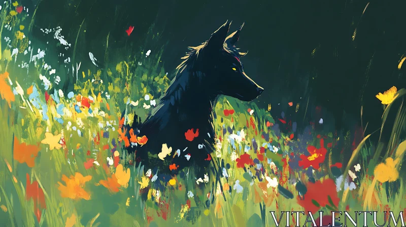 AI ART Black Wolf Among Colorful Flowers