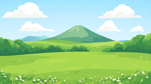 Scenic Meadow and Mountain Illustration