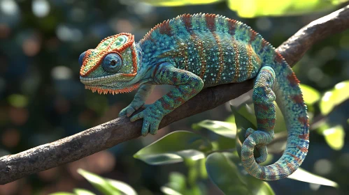 Vibrant Chameleon Portrait on Tree Branch