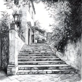 Classic Engraving of Stone Steps in Old-World Setting