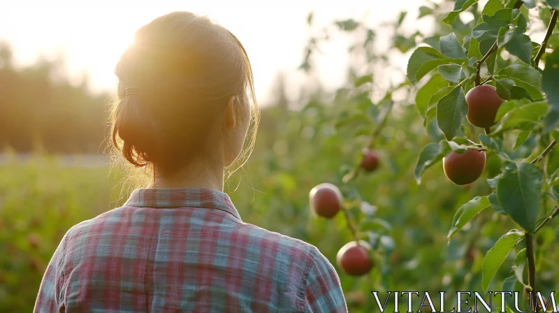 Contemplative Orchard Scene at Sunset AI Image