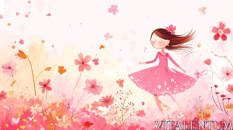 Pink Floral Girl Illustration AI Image