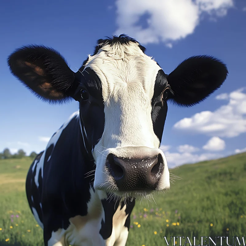 Black and White Cow in Field AI Image