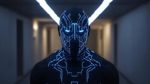 Glowing Blue Circuit Cyborg in Dark Corridor