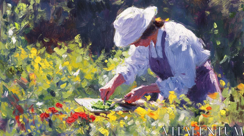 Floral Field Scene with Working Woman AI Image