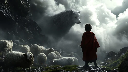 Red Cloak Encounter with Giant Wolf