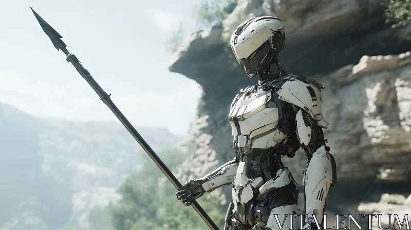 Robot Warrior in Mountainous Landscape AI Image