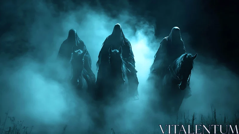 Dark Riders Emerging from Fog AI Image