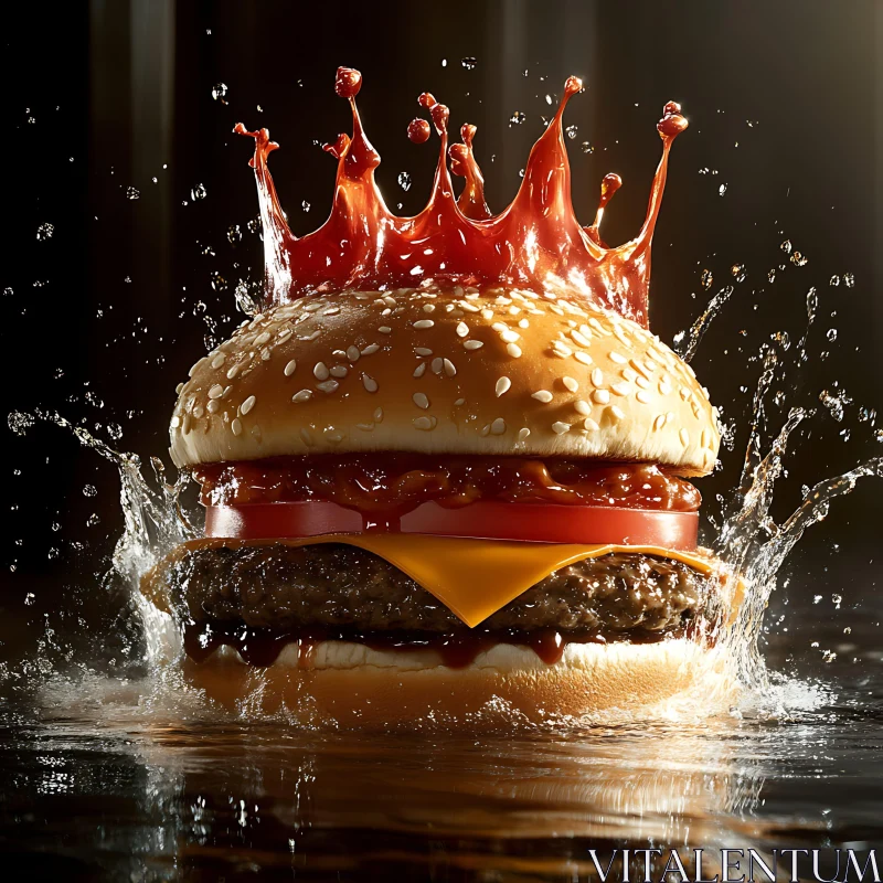 Splashing Ketchup on Cheeseburger Close-up AI Image