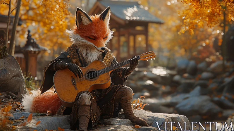 Fox Playing Guitar in Autumn Landscape AI Image