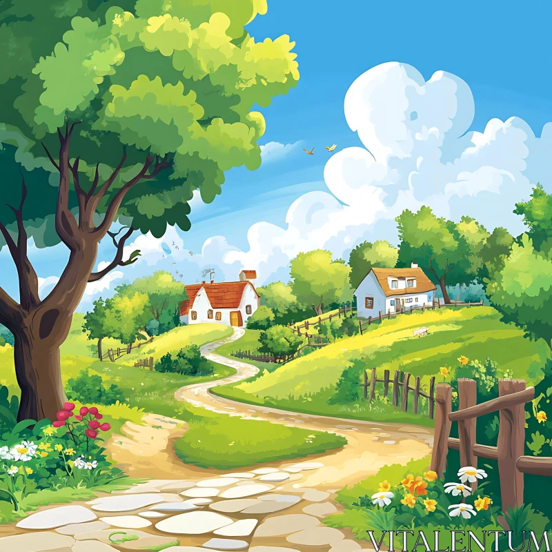 Cartoon Countryside Scene with Houses and Nature AI Image