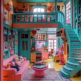 Colorful Interior with Turquoise Stairs and Pink Sofa