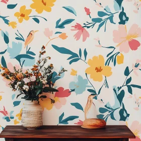 Flowers and Patterned Wallpaper Still Life