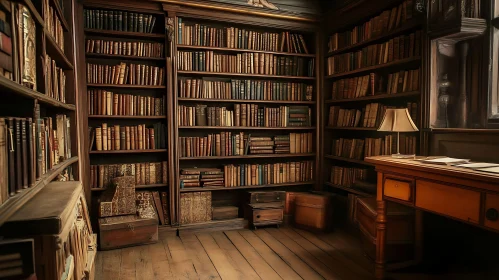 Vintage Library with Wooden Bookshelves