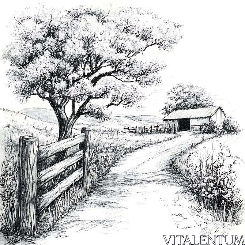 Monochrome Countryside Barn Scene AI Image