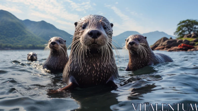 Emotive Portraiture of Sea Otters Swimming Near Mountains AI Image