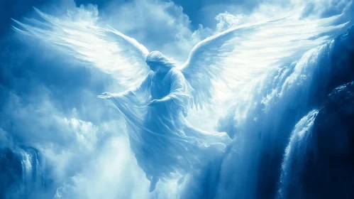 Ethereal Angel in Waterfall Landscape