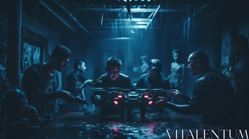 Men Examining Drones in a Moody, Atmospheric Setting AI Image