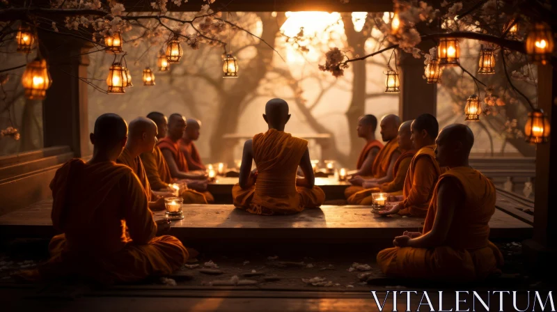 Monks in Meditation: Ethereal Ambiance and Earthy Palette AI Image