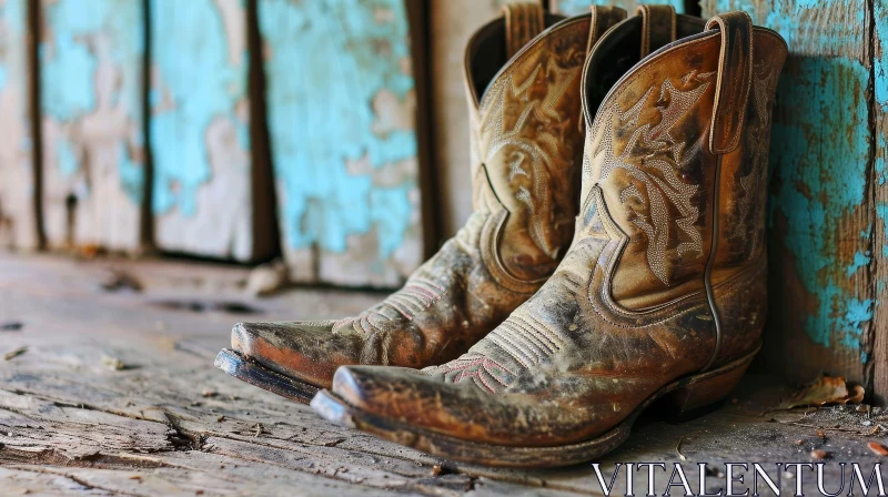 Old Worn Cowboy Boots on Wooden Porch | Vintage Style AI Image