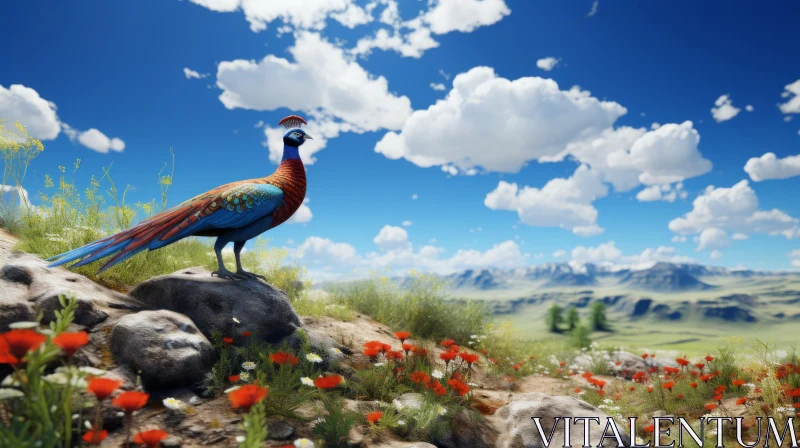 Peacock Amidst Flowers on Rocky Slope: An Intricately Detailed Portrait AI Image
