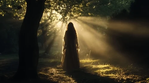 Woman in Forest with Sunlight