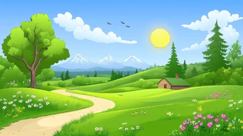 Scenic Cartoon Meadow with House and Path