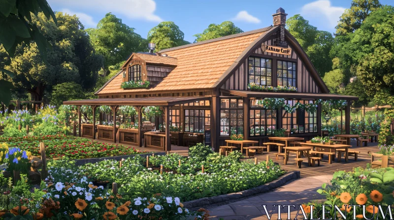 Rustic Cafe Surrounded by Blooming Garden AI Image