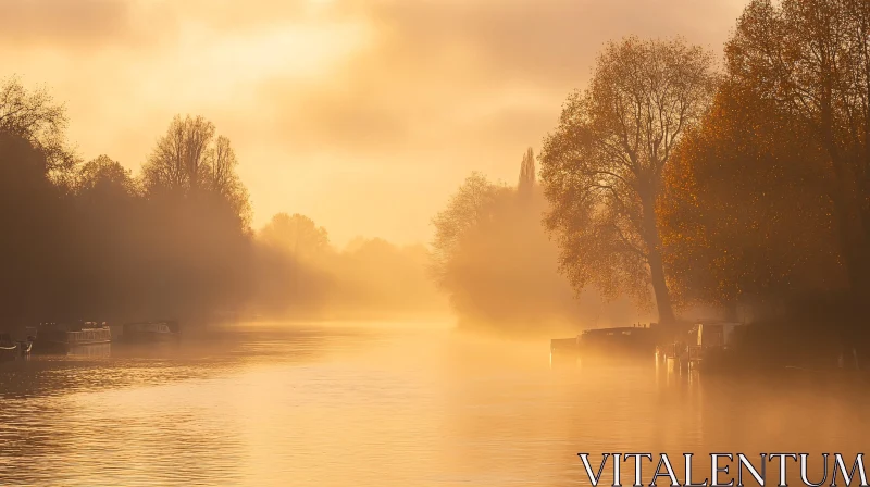 Tranquil Riverside Scene with Boats and Golden Light AI Image