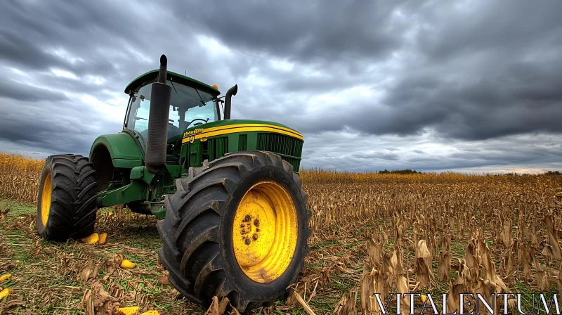 Green Tractor in Harvested Field AI Image