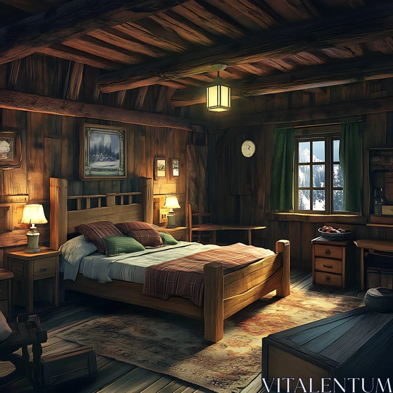 Cozy Wooden Cabin Bedroom AI Image