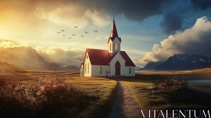 Rural Church at Sunset with Mountain Backdrop AI Image